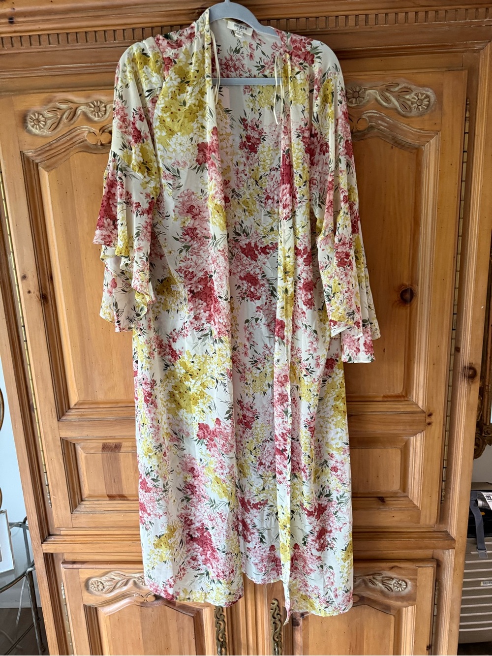 Umgee Floral Open-Front Kimono Duster in Cream, Yellow & Pink